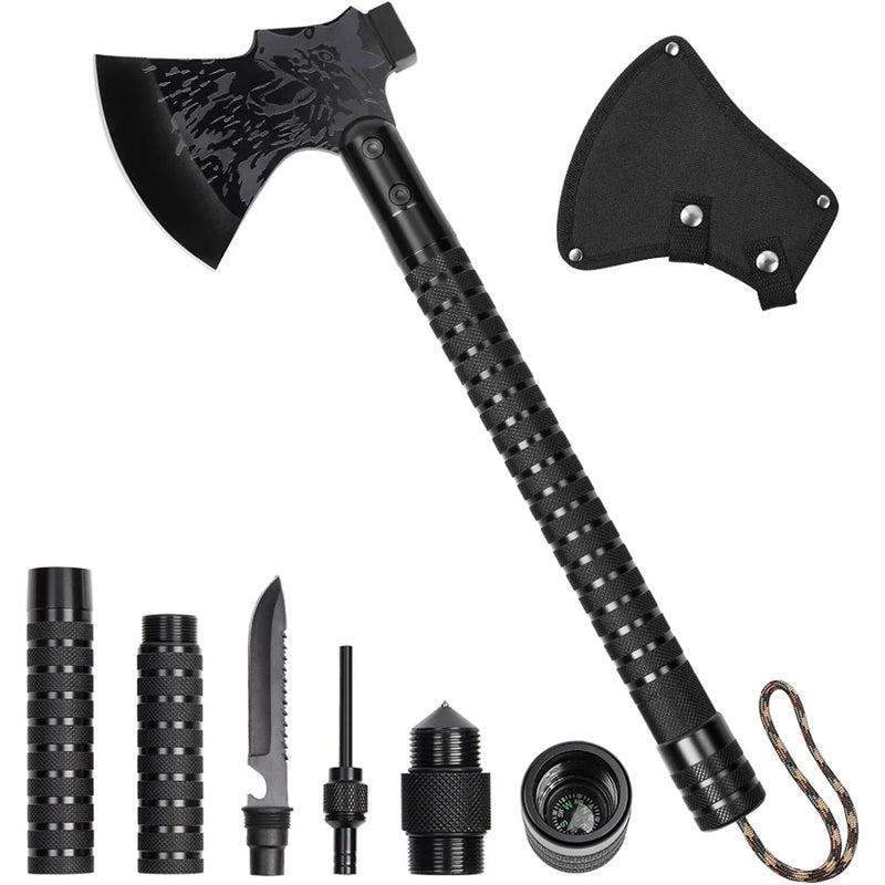 Tactical WolfHead Survival Axe – Folding Multi-Tool Tomahawk with Flint, Knife, Compass & Hammer